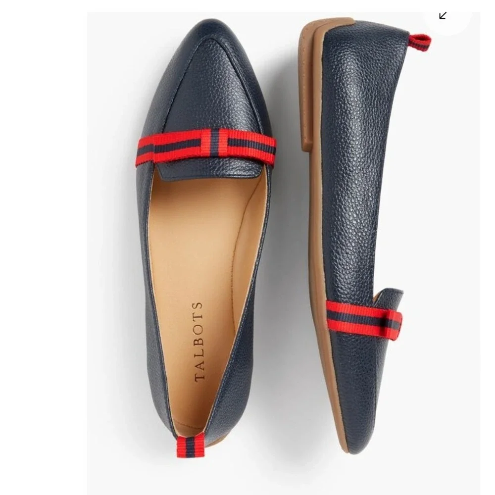 Talbots‎ Navy Blue Pebbled Leather Pointed Toe Loafers Striped Bow 6.5M Womens
